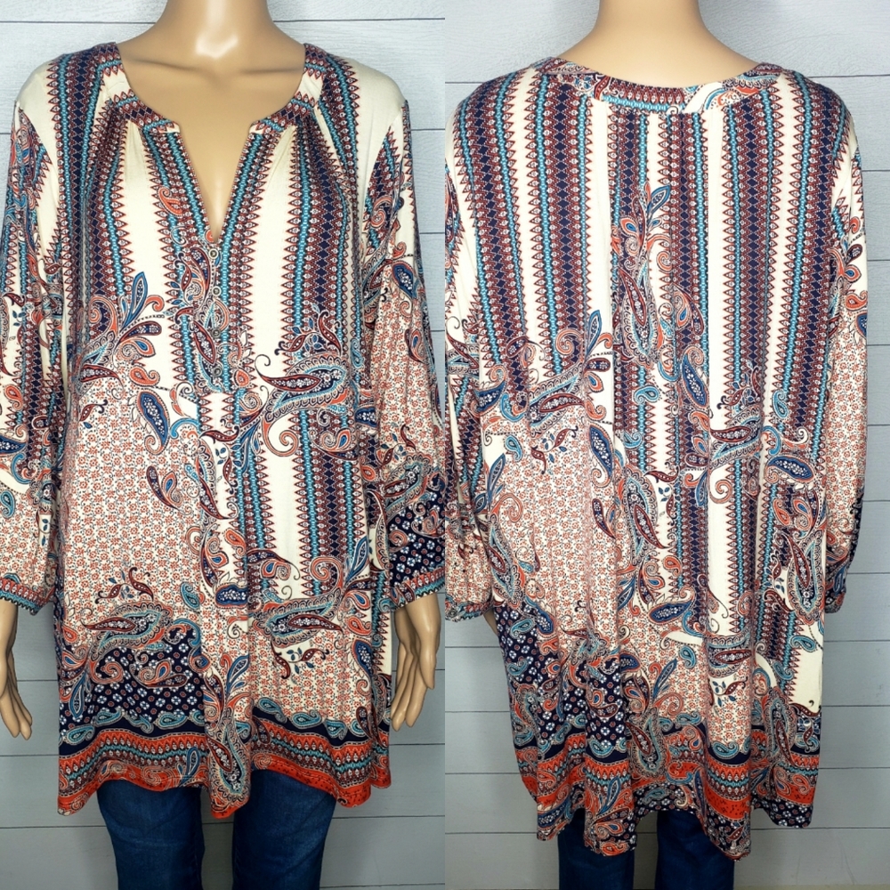 Rose & Olive V-neck Multi Print Tunic Top Size 3x